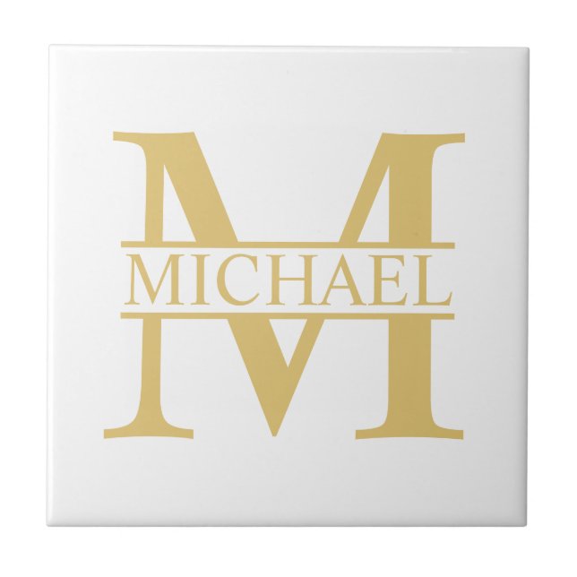 Carreau Monogramme et nom personnalisé blanc et or (Devant)