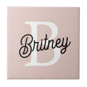 Carreau Monogramme et nom personnalisé moderne Pastel Pink