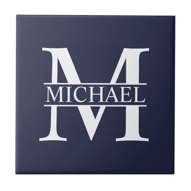 Carreau Monogramme et nom personnalisés bleu marine (Devant)