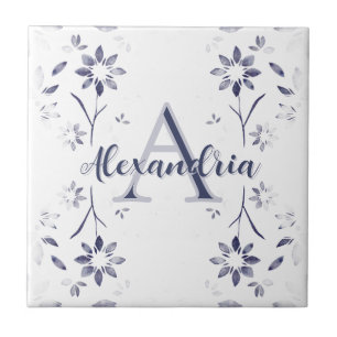 Carreau Monogramme Personnalisé Fleurs Bleues Nom