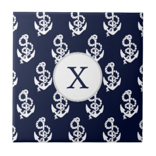Carreau Monogramme personnalisé Marine Ancre bleue Nautiqu