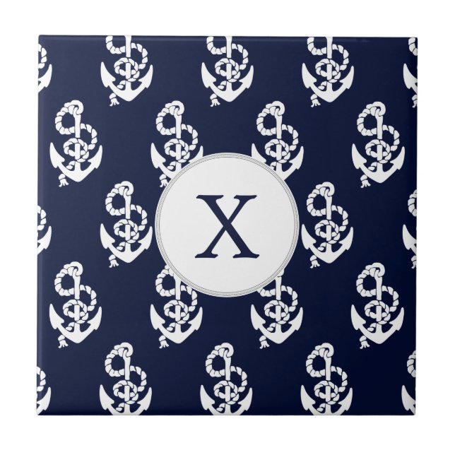 Carreau Monogramme personnalisé Marine Ancre bleue Nautiqu (Devant)