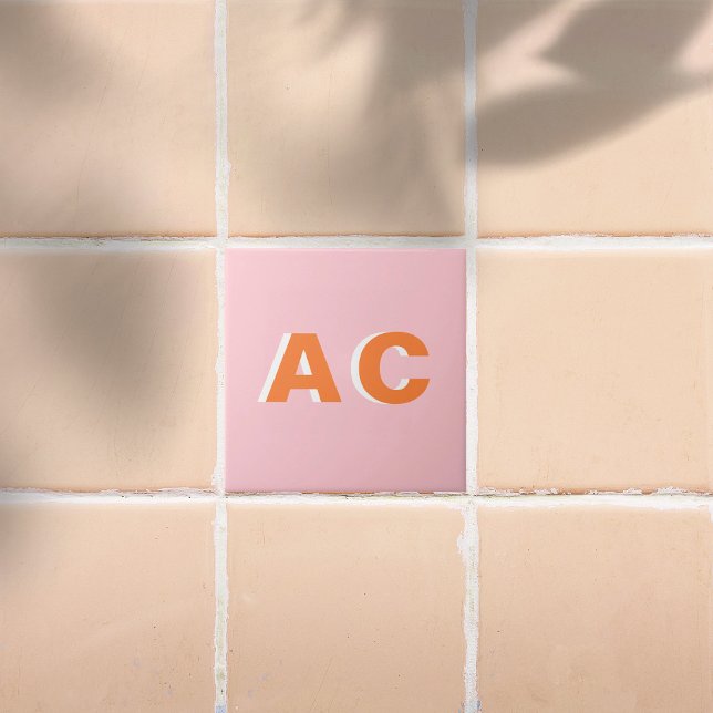 Carreau Monogramme retro personnalisé orange et rose (Créateur téléchargé)