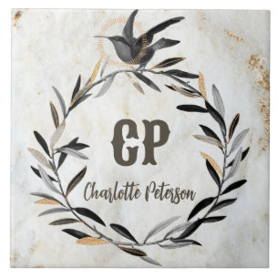 Carreau Monogramme Russe Marbre blanc Oiseau Wreath Person