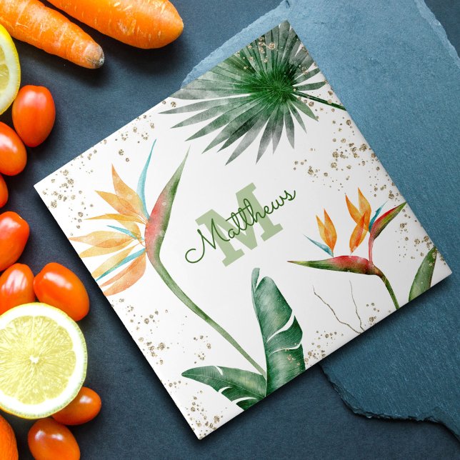 Carreau Monogramme Tropical Palm Foliage Script Or Blanc (Créateur téléchargé)