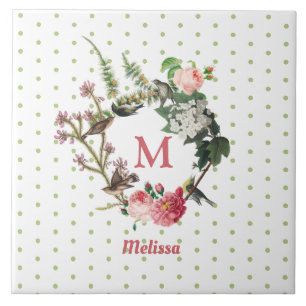 Carreau Monogramme Vintage Floral et Pois de couronne d'oi