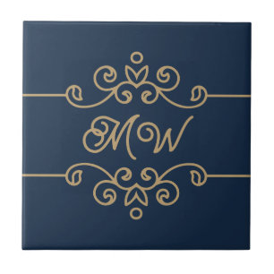Carreau Monogramme vintage or et bleu marine Élégant