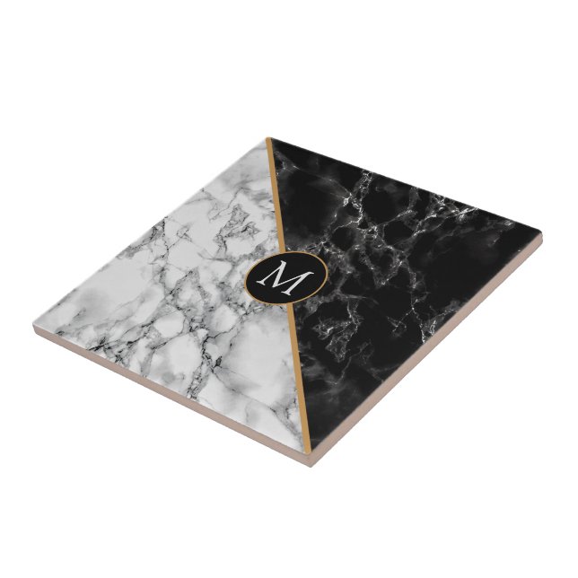 Carreau Monogramme Votre Lettre Faux Black White Marbre Ca (Côté)