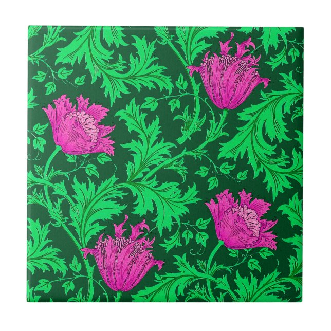 Carreau Morris Anemone Motif, Emerald Green et Fuchsia (Devant)