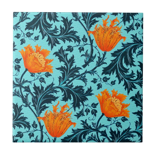 Carreau Morris Anemone Motif, Indigo Blue et Coral (Devant)