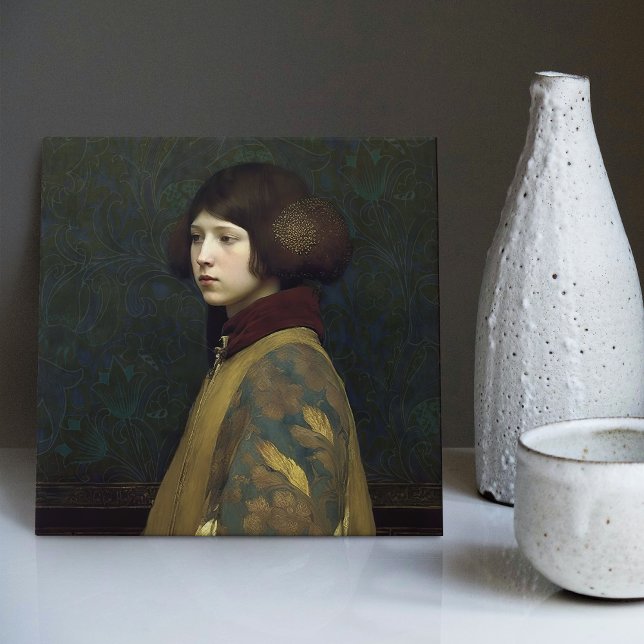 Carreau Morris Gold Green Art Nouveau Portrait Lily (Créateur téléchargé)