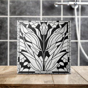 Carreau Mosaïque de fleur de tulipe - Noir et Marbre blanc