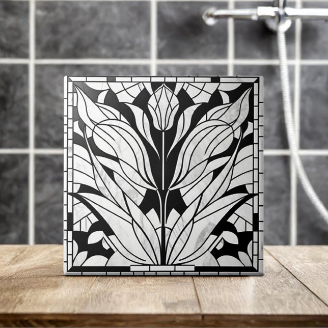 Carreau Mosaïque de fleur de tulipe - Noir et Marbre blanc (Créateur téléchargé)