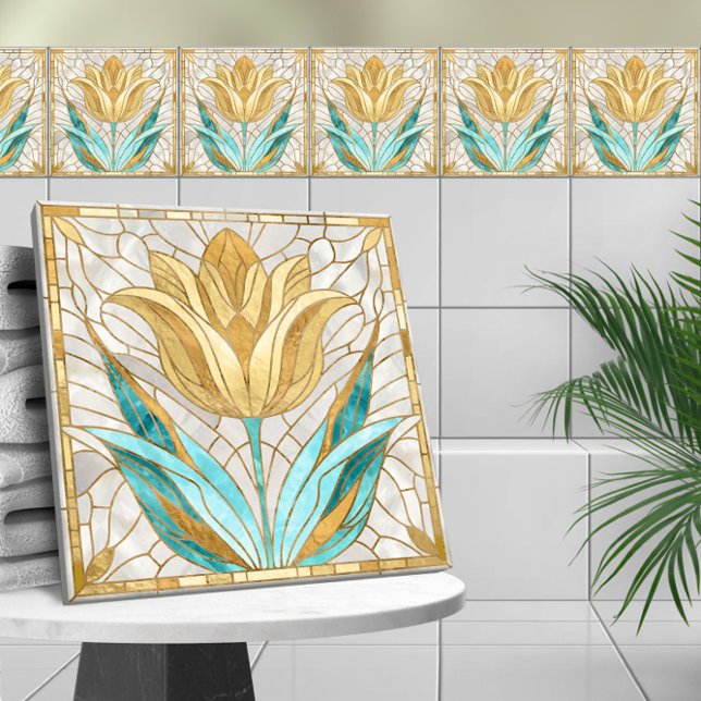 Carreau Mosaïque de fleur de tulipe - Perle, Aquamarine et (Créateur téléchargé)