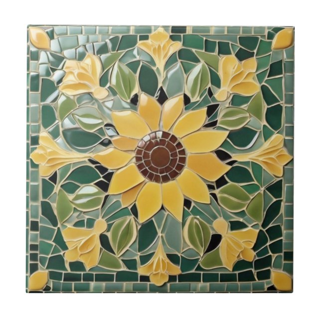 Carreau Mosaïque Faux de tournesol jaune sur vert (Devant)
