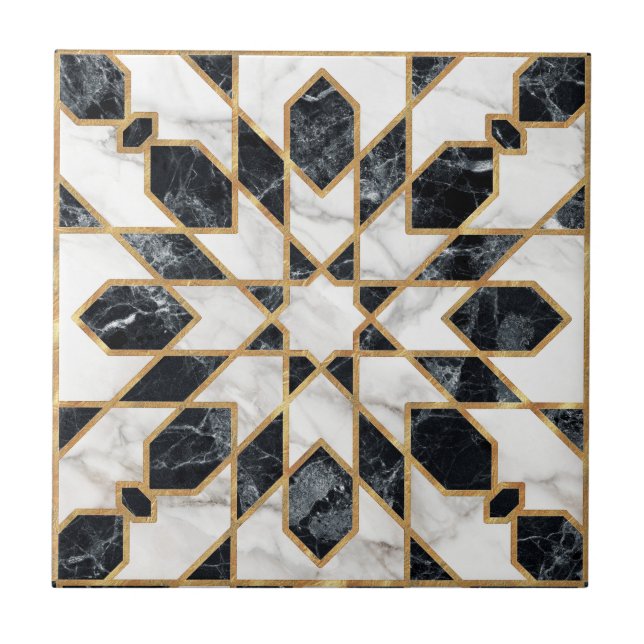 Carreau Mosaïque marocaine noire et Marbre blanc (Devant)