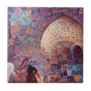Carreau mosaïque marocaine rouge violet turquoise art géom