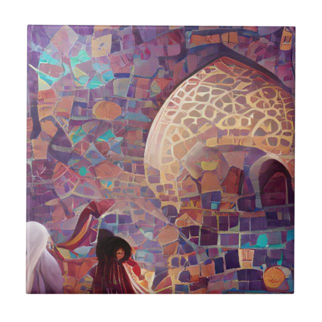 Carreau mosaïque marocaine rouge violet turquoise art géom (Devant)
