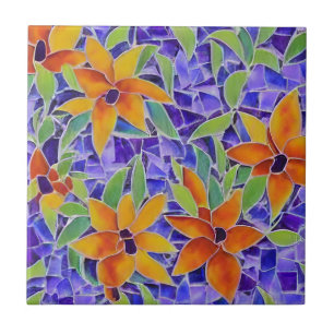 Carreau Mosaïque marocaine tuile violet orangé fleurs