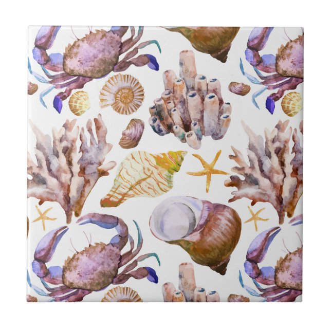 Carreau Motif 4 de vie marine d'aquarelle (Devant)