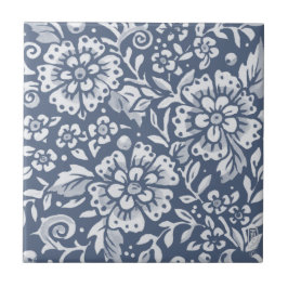 Carreau Motif à feuilles florales à fleur bleu denim moyen