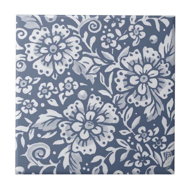 Carreau Motif à feuilles florales à fleur bleu denim moyen (Devant)