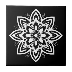 Carreau Motif à fleurs Mandala en noir et blanc