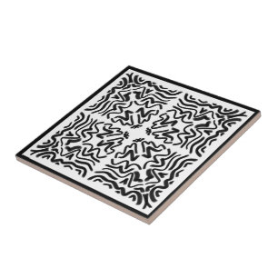 Carreau Motif Abstrait en Zig Zag Ondulé Noir et Blanc Art