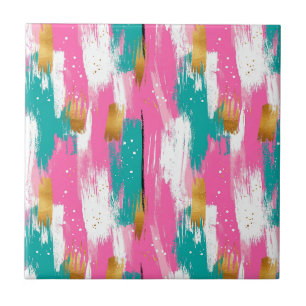 Carreau Motif Abstrait Pinceau Rose Menthe Or