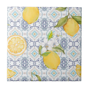 Carreau Motif aquarelle de citron sicilien avec ornement b