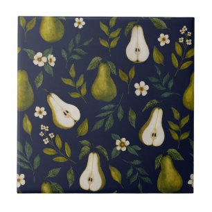 Carreau Motif aquarelle de poire verte sur fond bleu foncé