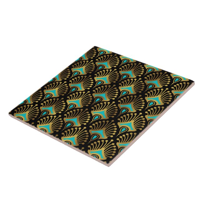 Carreau Motif Art déco or et bleu sur noir (Côté)