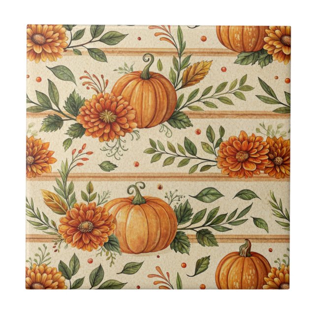 Carreau Motif automnal rustique de citrouille et de chrysa (Devant)
