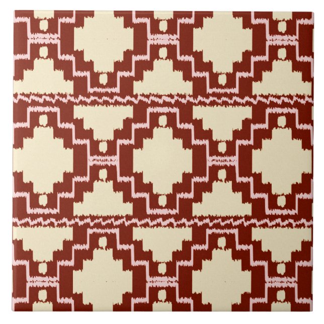 Carreau Motif aztèque d'Ikat - beige, Bourgogne et rose (Devant)