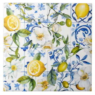 Carreau Motif bleu aquarelle méditerranéen et agrumes