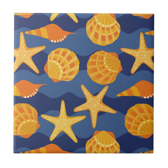 Carreau Motif bleu et orange de coquillage (Devant)
