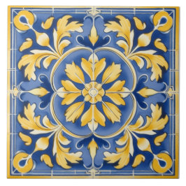 Carreau Motif botanique méditerranéen - Bleu et Jaune