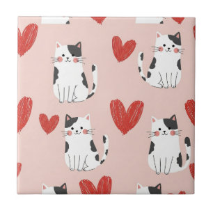 Carreau Motif Chats Kawaii Rose et Cœurs (2)