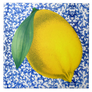 Carreau Motif citron bleu porcelaine blanche