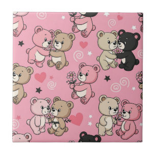 Carreau Motif Classique Ours en Peluche Cœurs