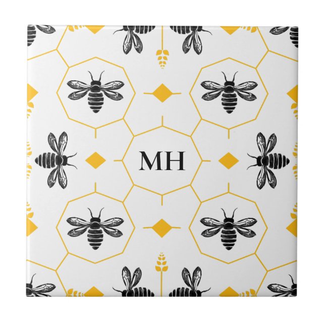Carreau Motif d'abeille jaune moderne Élégant Monogramme n (Devant)