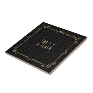 Carreau Motif Damas Noir, Cadre Art Déco, Texte Personnali