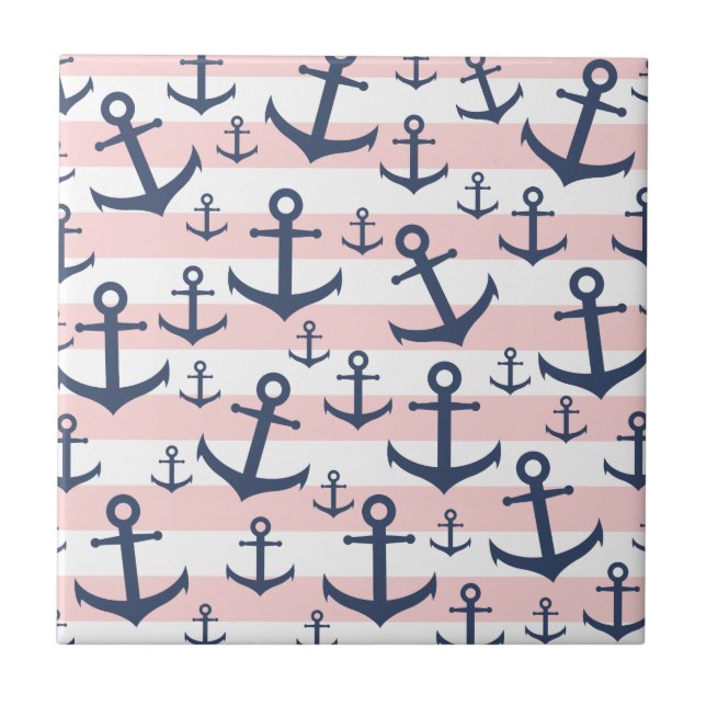 Carreau motif d'ancrage bleu marine à rayure rose marine (Devant)