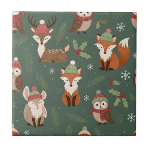 Carreau Motif d'animaux de Noël en bois rustique