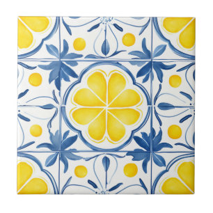 Carreau Motif d'aquarelle bleu et jaune méditerranéen