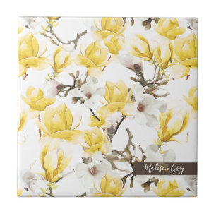 Carreau Motif d'aquarelle jaune et blanc Magnolia Blossom