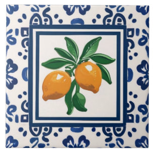 Carreau Motif d'art folklorique tribal bleu et blanc aux c