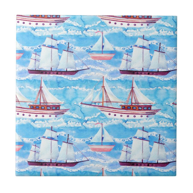 Carreau Motif de bateaux de navigation d'aquarelle (Devant)