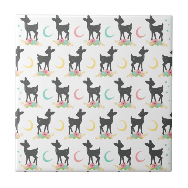 Carreau Motif de cerfs, Cerf de bébé, Boho, Fleurs, Lune (Devant)