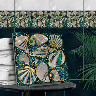 Carreau Motif de coquillages - marbre d'aqua, perle et or